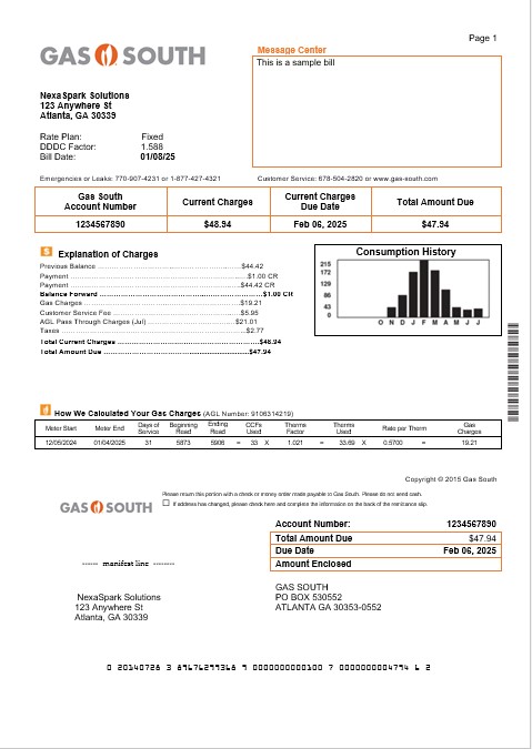 USA New York Gas South business utility bill template in Word and PDF formats